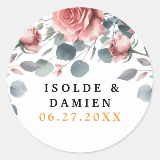 Sticker Rond Dusty Rose ElegantPink Mauve Greenery Floral Gold  (Devant)