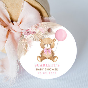 Sticker Rond Dusty Rose Floral Boho Teddy Bear Baby shower