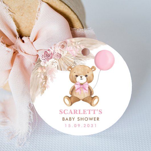 Sticker Rond Dusty Rose Floral Boho Teddy Bear Baby shower