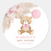 Sticker Rond Dusty Rose Floral Boho Teddy Bear Baby shower (Devant)