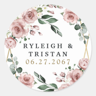 Sticker Rond Dusty Rose rose et or Floral Mariage