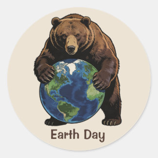 Sticker Rond Earth Day Bear Hugging Planet Design
