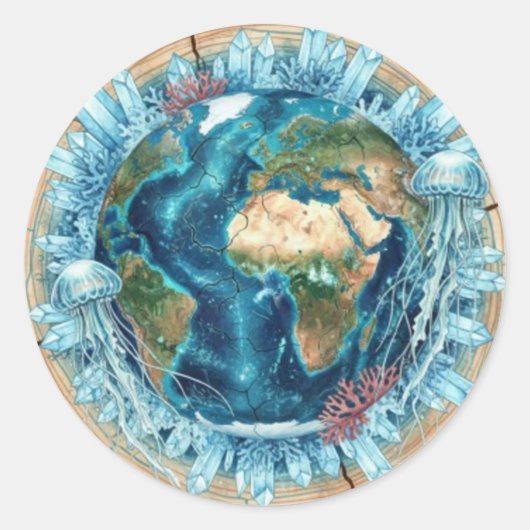 Sticker Rond Earth Nature Fusion with Ocean Life & Crystal art (Devant)