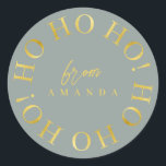 Sticker Rond Earth Tones Green Gold Christmas Ho Ho Ho ID1009<br><div class="desc">Si vous vous demandez quelles combinaisons de couleurs choisir pour votre décoration de Noël et vos fournitures d'enveloppement cadeau cette année, j'ai créé des collections de motifs de coordination pour rendre la vie un peu plus facile. Cet élégant design typographique de Noël présente "Ho Ho Ho" dans un motif circulaire...</div>