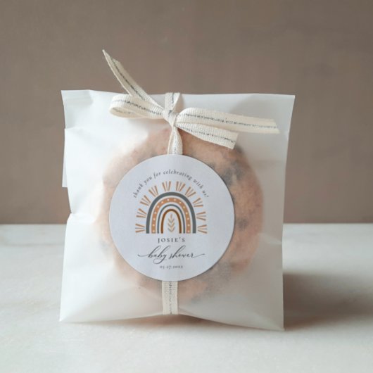 Sticker Rond Earthy Boho Rainbow Merci Baby shower classique