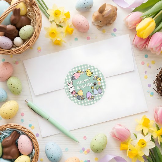 Sticker Rond Easter Brunch & Egg Hunt Green Gingham