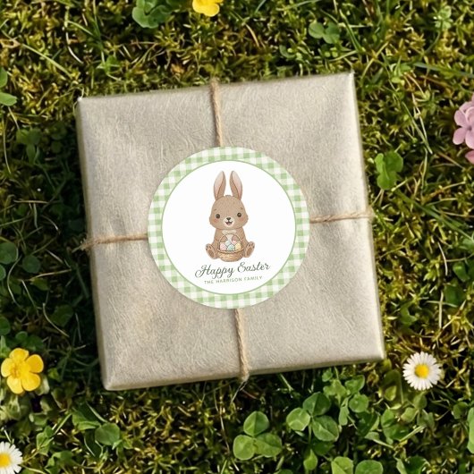 Sticker Rond Easter Bunny Green Watercolor Gingham