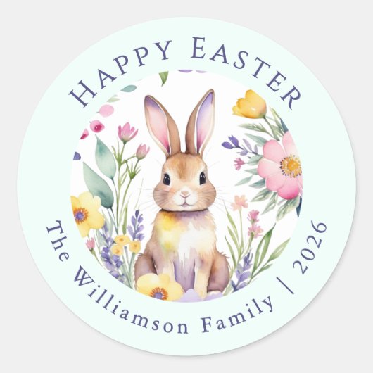 Sticker Rond Easter Bunny Watercolor Floral Personalized (Devant)