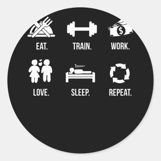 Sticker Rond Eat Train Work Love Sleep Repeat (Devant)