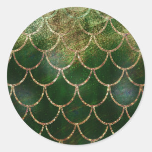 Sticker Rond Écailles de poisson sirène scintillantes vert et o