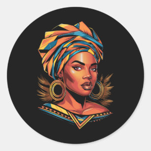 Sticker Rond Écharpe de tête en tissu Kente, belle femme afro n