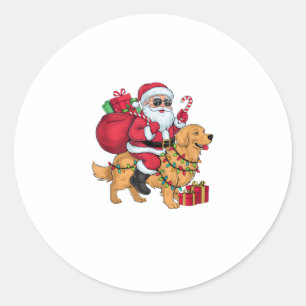 Sticker Rond Éclairage de Noël Père Noël équitation Golden Retr