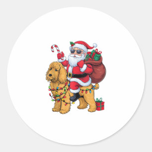 Sticker Rond Éclairage de Noël Père Noël équitation Goldendoodl