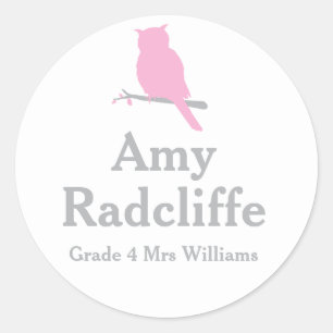 Sticker Rond École ajouter votre grade et nom hibou rose id aut