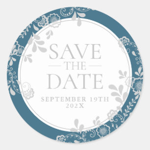Sticker Rond Économisez la date argent bleu floral victorien de
