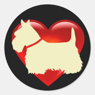 Sticker Rond Écossais Terrier noir/blanc coeur rouge / col