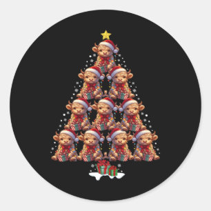 Sticker Rond Écosse Highland Cow Christmas Tree Lights Noël C