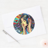 Sticker Rond Écouter de la musique sur les écouteurs Psychédéli (Enveloppe)