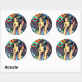 Sticker Rond Écouter de la musique sur les écouteurs Psychédéli (Feuille)