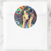 Sticker Rond Écouter de la musique sur les écouteurs Psychédéli (Sac)