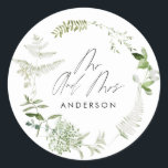 Sticker Rond Écran vert élégant moderne de script botanique mar<br><div class="desc">Décor moderne rustique,  vert monochrome vert floral et mariage botanique Plaques en papier M et Mme. Avec de beaux textes de script et de sauge vert,  gris et blanc feuillage aquarelle détails. Cette collection de mariages modernes saura vous séduire par le style de votre grand jour.</div>