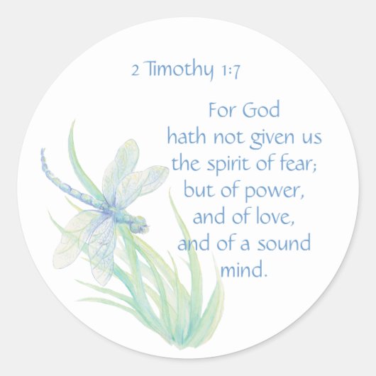 Sticker Rond Écriture biblique verse 2 Timothée 1:7 libellule (Devant)