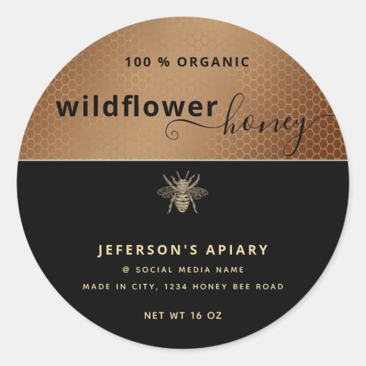 Sticker Rond Écriture d'abeille en or noir moderne Chocolat (Devant)