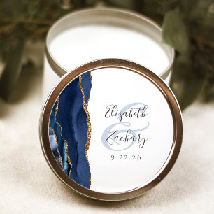 Sticker Rond Écriture de géode d'agate bleu marine or mariage