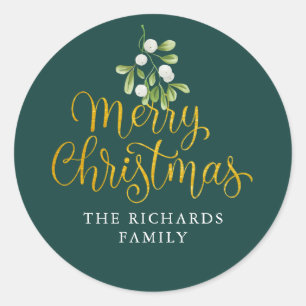 Sticker Rond Écriture de gui or Joyeux Noël Nom de famille