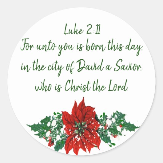 Sticker Rond Écriture de Noël Luc 2:11 Pointsettia Holly (Devant)
