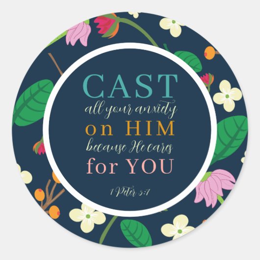 Sticker Rond Écriture florale 1 Pierre 5:7 (Devant)
