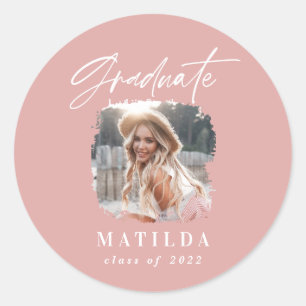 Sticker Rond Écriture moderne rose girly photo élégante graduat