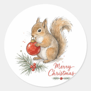 Sticker Rond Écureuil de Noël avec ornement rouge