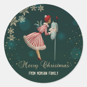 Sticker Rond Écureuil de Noël vintage, Flocons de neige