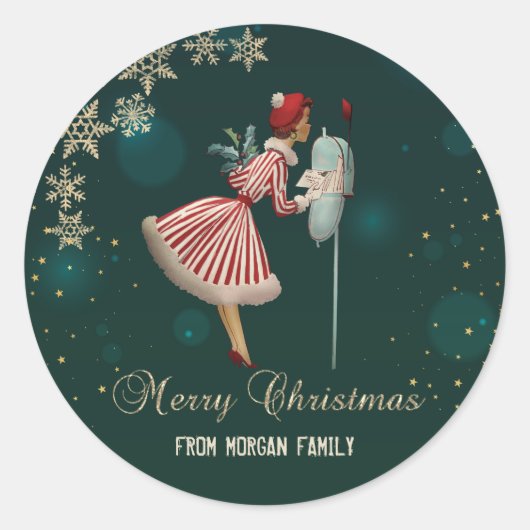 Sticker Rond Écureuil de Noël Vintage, Snowflakes (Devant)