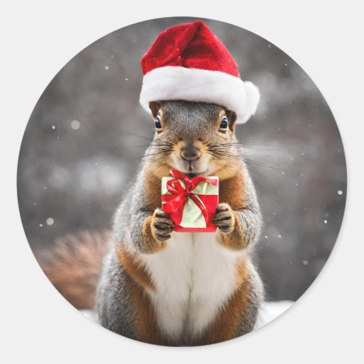 Sticker Rond Écureuil renard de Noël avec un chapeau de Père No (Devant)