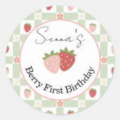 Sticker Rond Editable Strawberry Gingham 1st Birthday Favor (Devant)