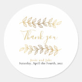 Sticker Rond Effet or feuilles et branches mariage merci (Devant)