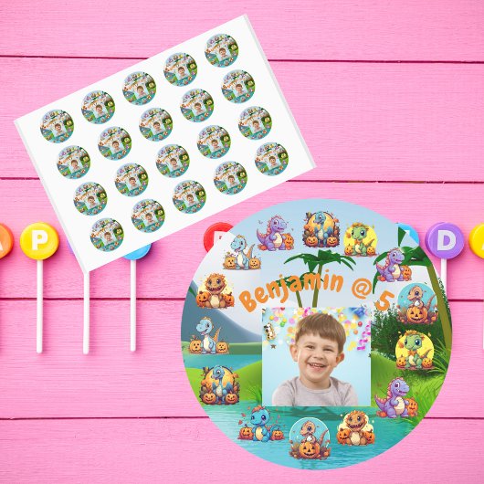 Sticker Rond Éffrayant Dino Anniversaire Bash Custom Photo Part