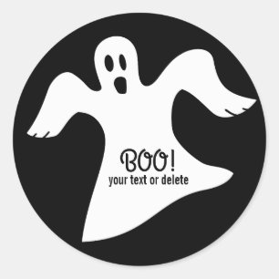 Sticker Rond Éffrayant Fantôme blanc d'Halloween disant BOO !