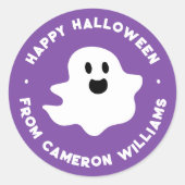 Sticker Rond Éffrayant fantôme Happy Halloween saluant violet (Devant)