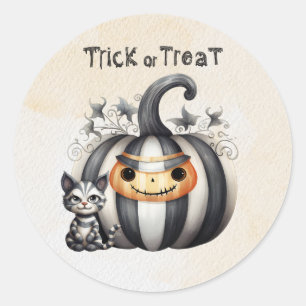Sticker Rond Éffrayant Halloween Kitten Noir Citrouille rayé