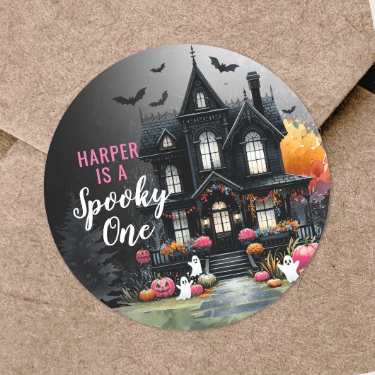Sticker Rond Éffrayant Halloween rose 1er anniversaire