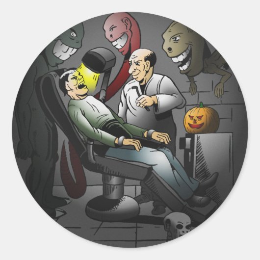 Sticker Rond Éffrayante nuit d'Halloween chez le dentiste (Devant)