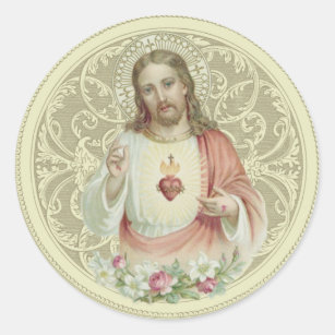 Sticker Rond Église catholique du Sacré-Coeur Floral Jésus