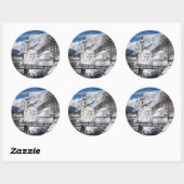 Sticker Rond Eglise dans la neige avec les Alpes (Feuille)