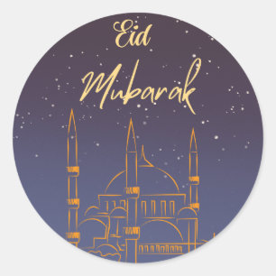 Sticker Rond Eid Moubarak Starry Sky Gold a souligné la mosquée
