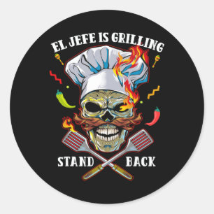Sticker Rond El Jefe Grille Stand Ck Funny Skull Bbq Mexique