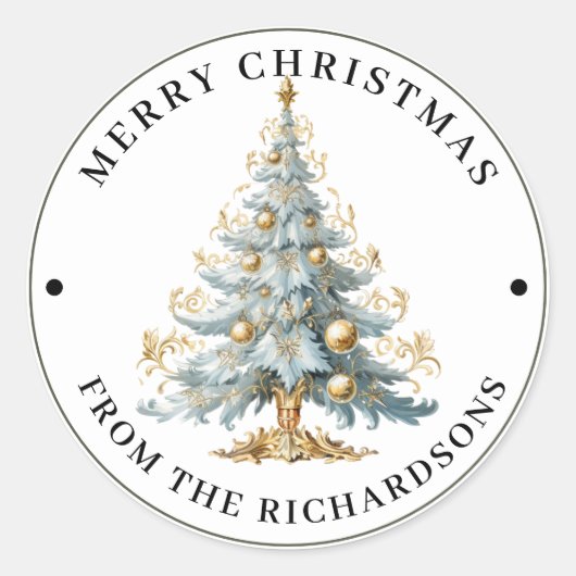 Sticker Rond Elaborate Victorian Tree in Blue Merry Christmas (Devant)