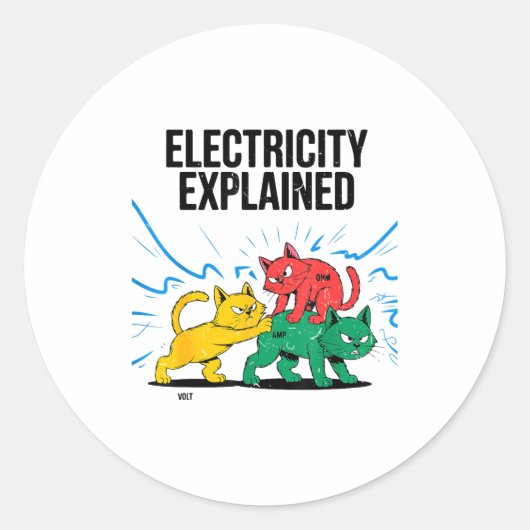 Sticker Rond Electricity Explained Funny Cat Physics Humor Scie (Devant)
